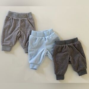 3 Carter’s Cozy Kids Fleece Bottoms - Blue, Grey, and Charcoal Newborn